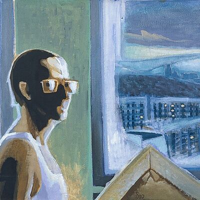 Wolfram Schubert: Selbstportr&auml;t mit Blick auf die Stadt. 1980 &copy; VG Bild-Kunst