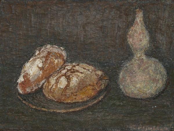 Theodor Rosenhauer (1901-1996) Zwei runde Brote mit Karaffe (auch «Zwei Brote mit Kratunka«), um 1980 Öl auf Leinwand 50 x 65 cm Inv.-Nr.: 96/9/G 1996 erworben von der Galerie Döbele