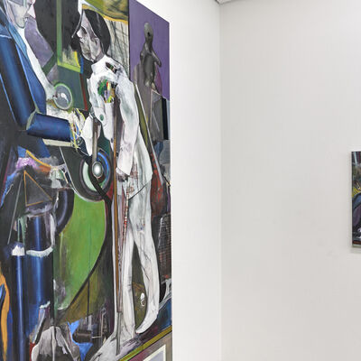 Peter Klitta, links: Stifter, 2019, Öl auf Leinwand, 210 x 130 cm; rechts: Handwerker, 2016, Öl auf Leinwand, 60 x 50 cm,