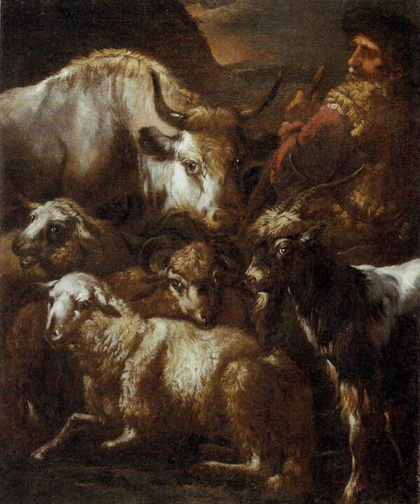 Schäfer mit einer Kuh, Ziegen und Schafen